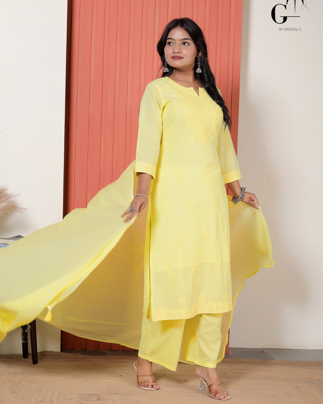Lemon Chikan Kurti Set
