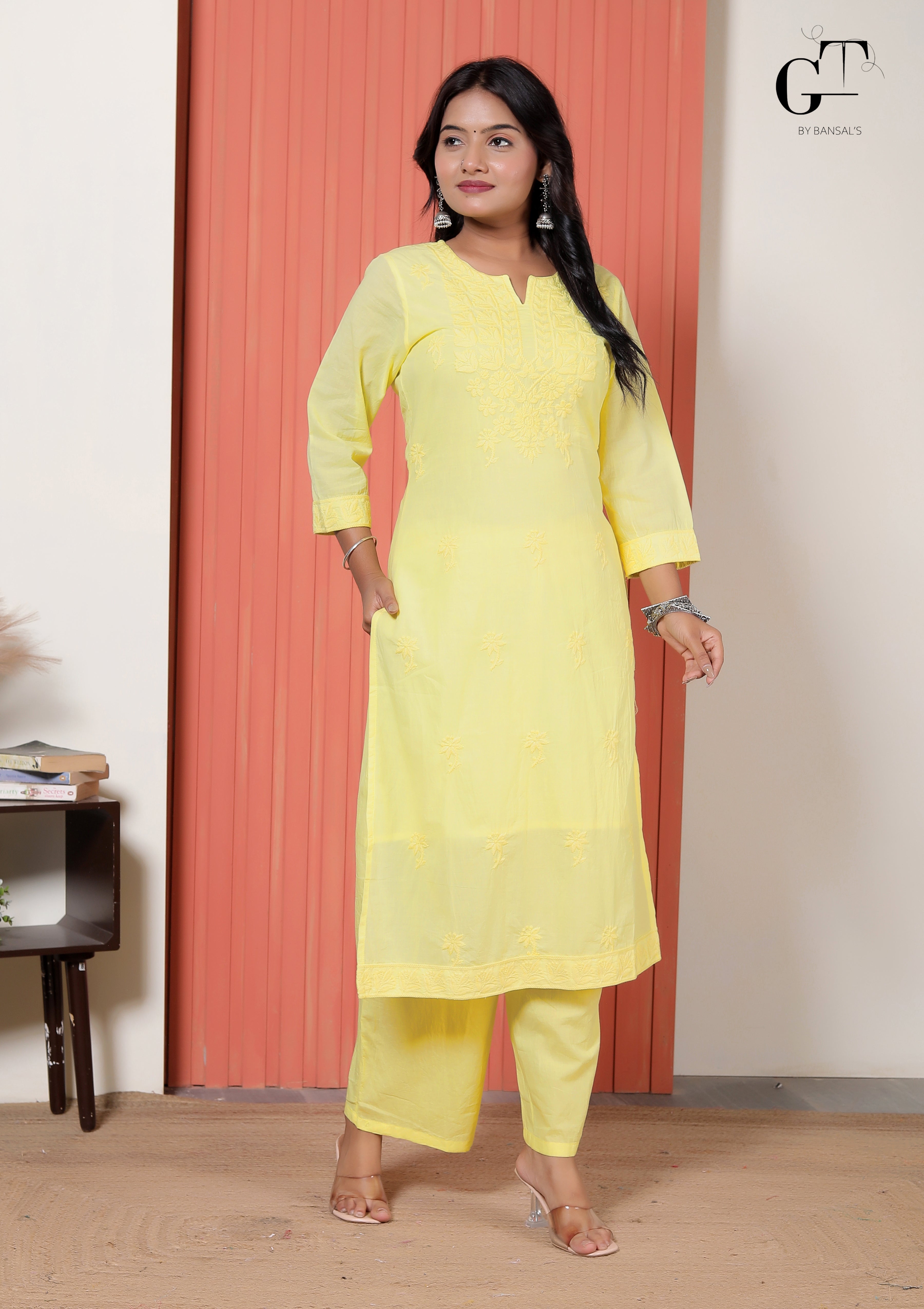 Lemon Chikan Kurti Set