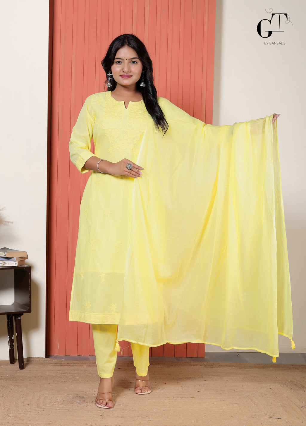 Lemon Chikan Kurti Set