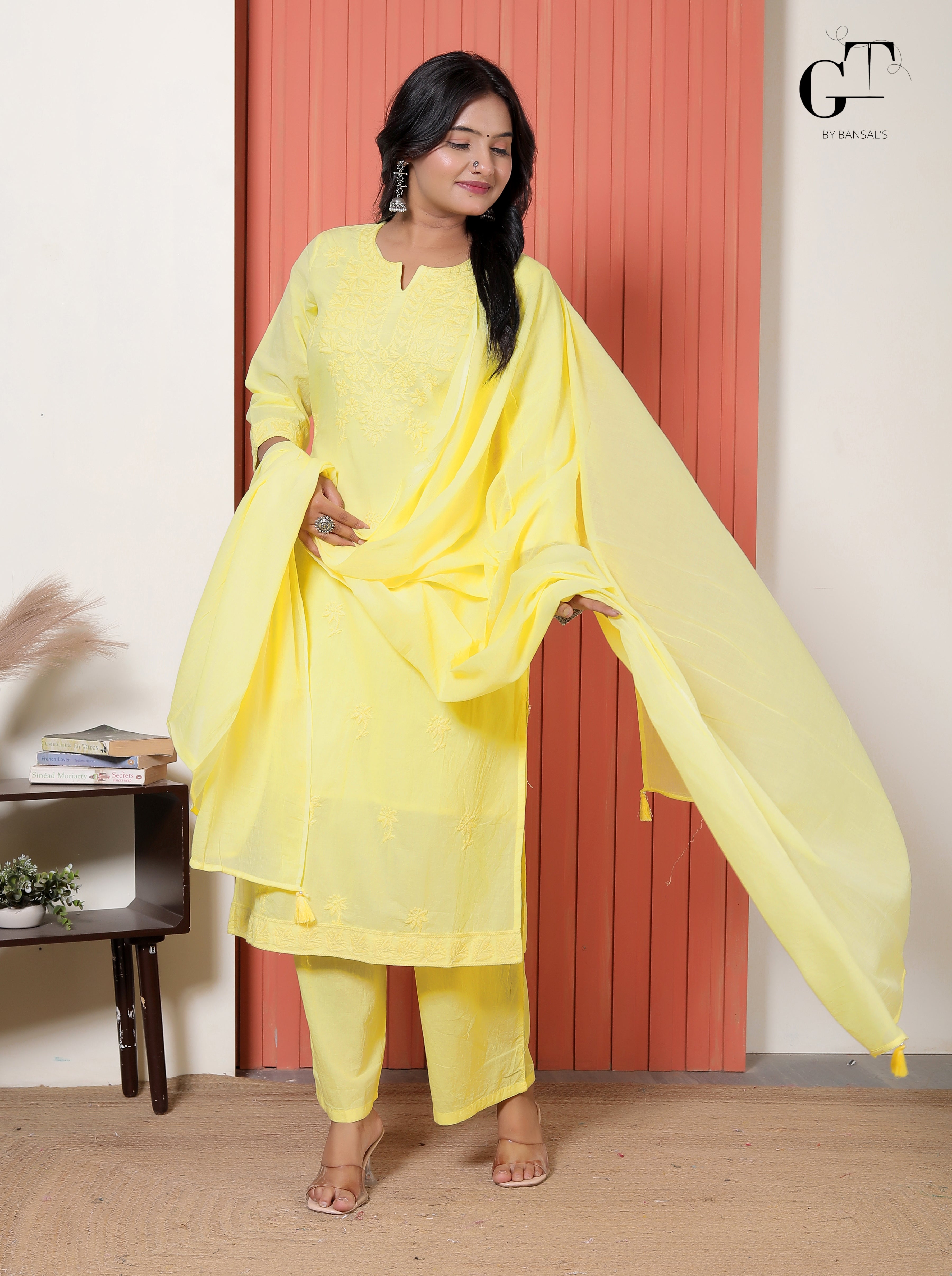 Lemon Chikan Kurti Set