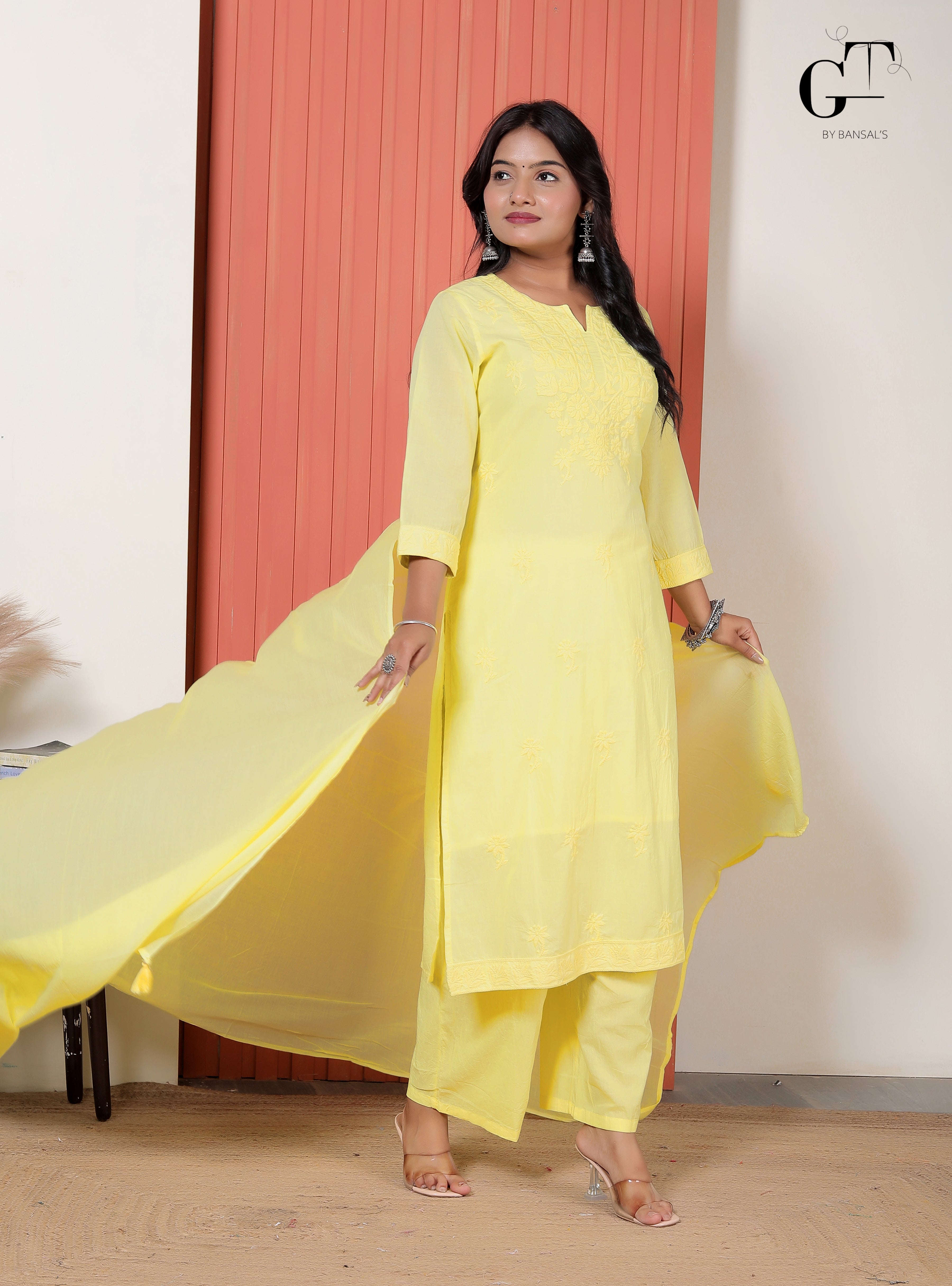 Lemon Chikan Kurti Set