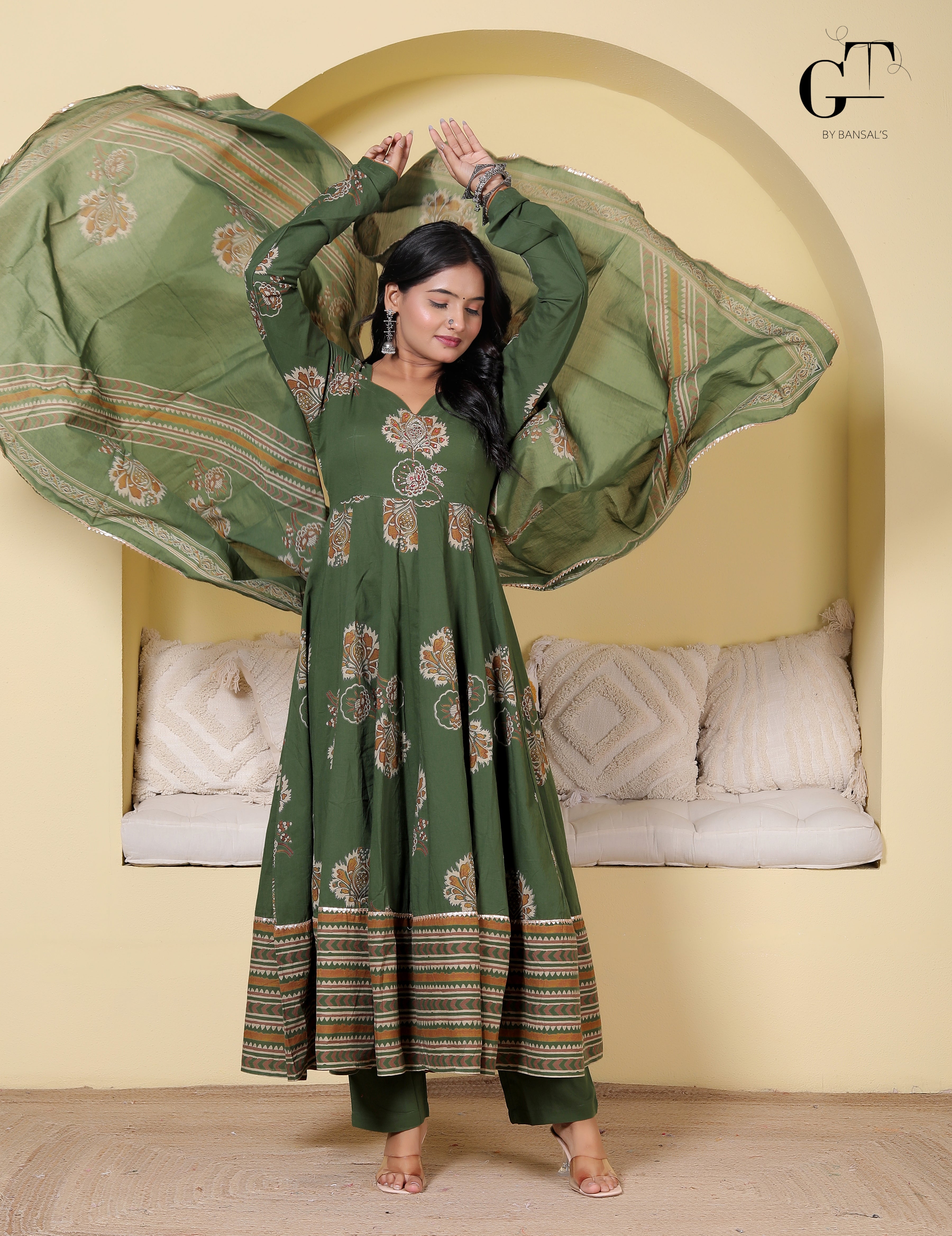 Olive Rangoli Anarkali Set