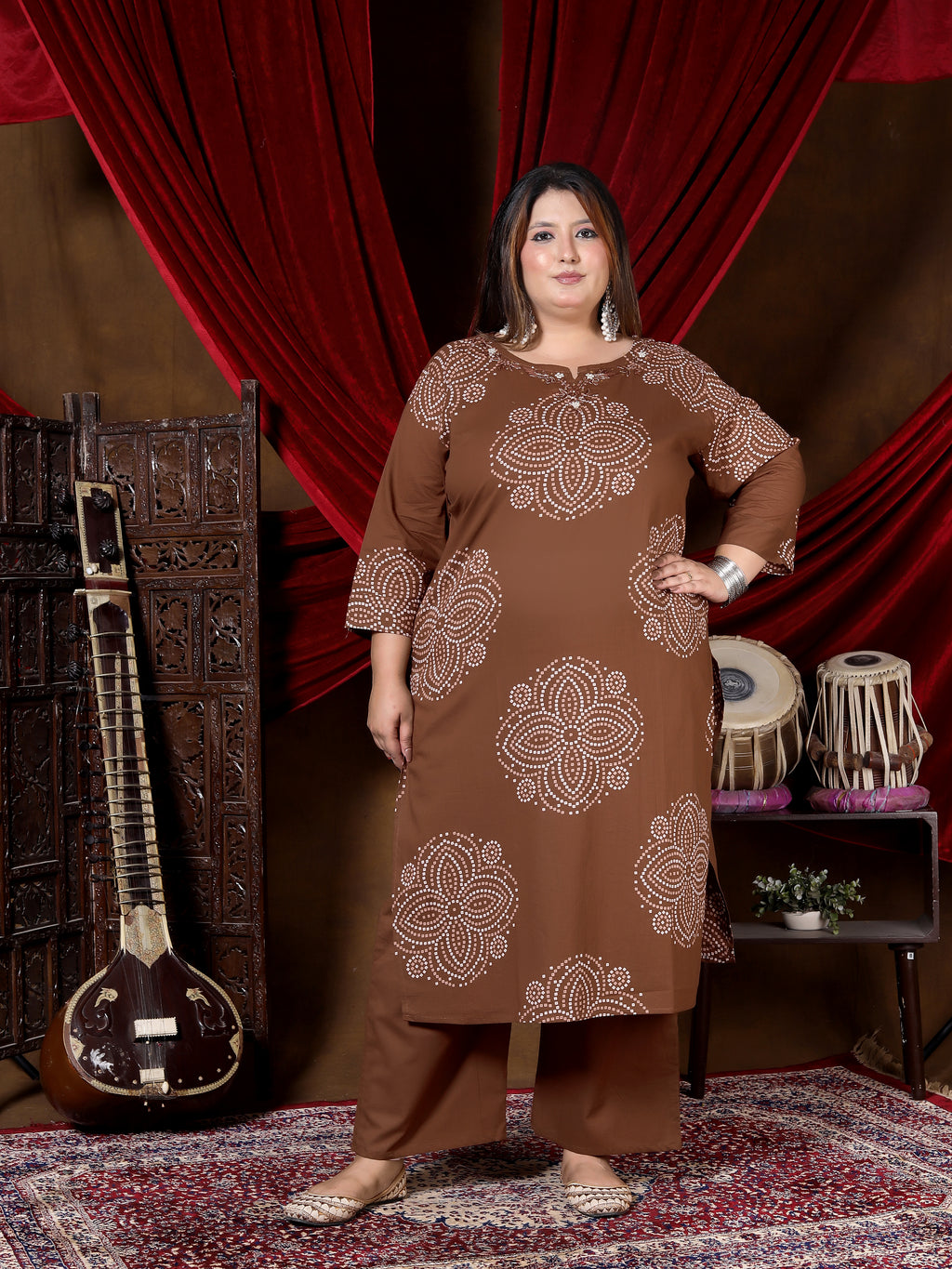 Chocolate Brown Printed Suit Set with Dupatta