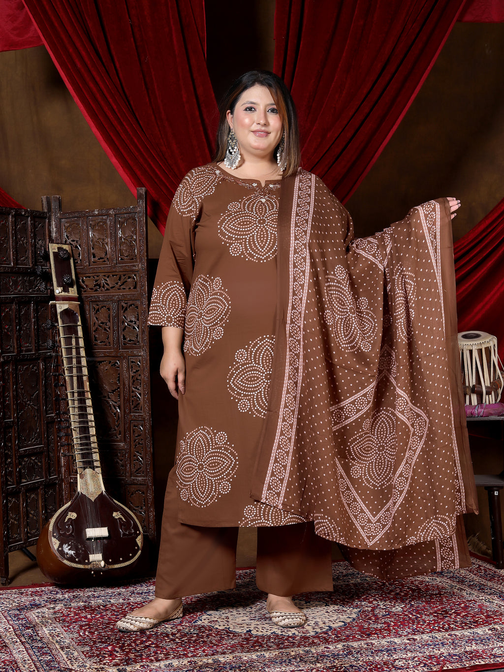 Chocolate Brown Printed Suit Set with Dupatta
