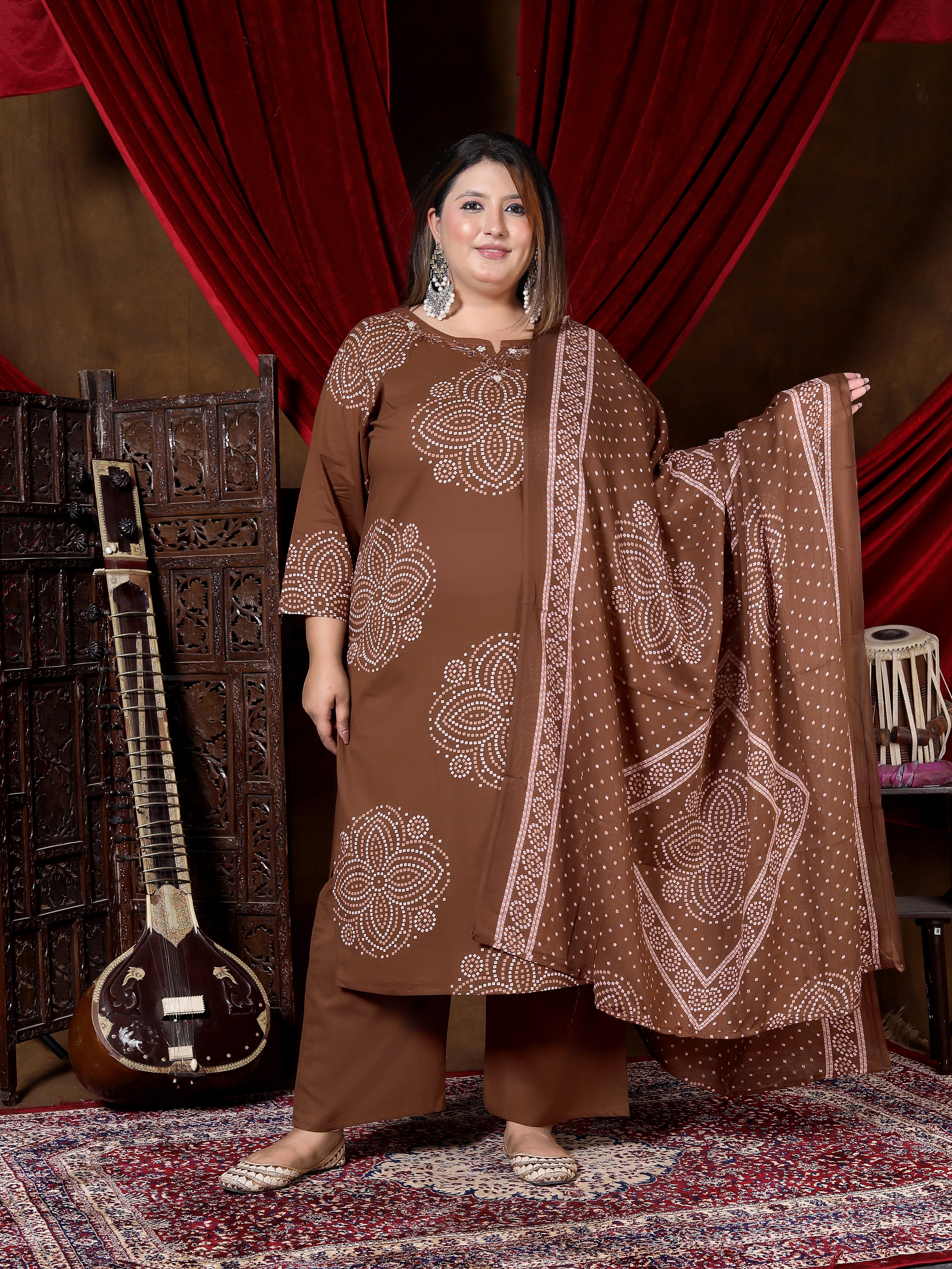 Chocolate Brown Printed Suit Set with Dupatta