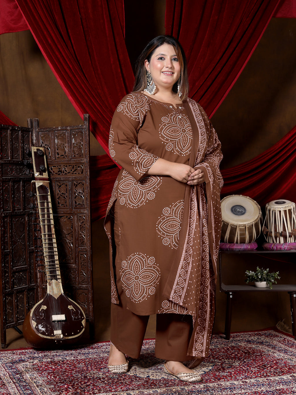 Chocolate Brown Printed Suit Set with Dupatta