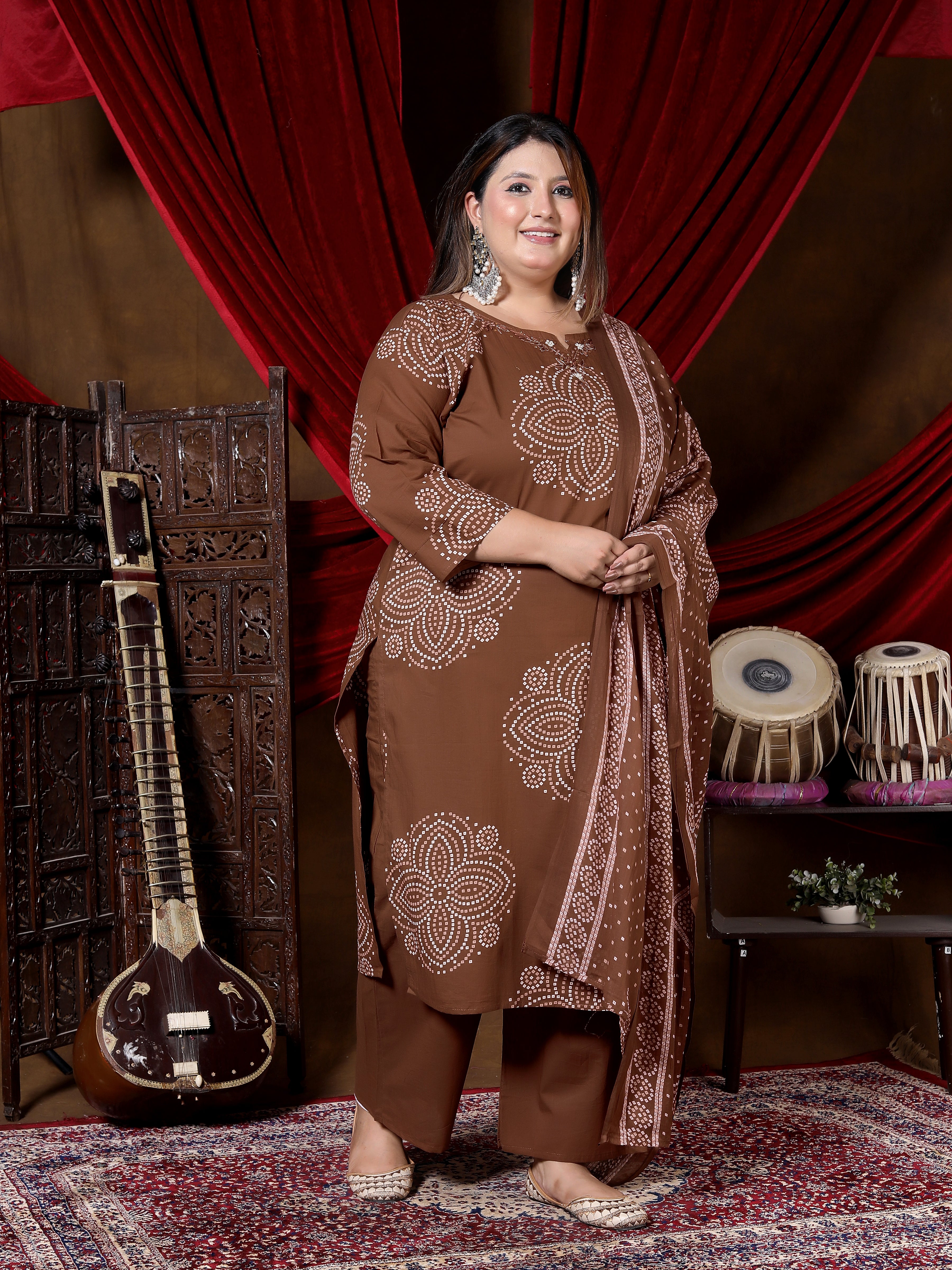 Chocolate Brown Printed Suit Set with Dupatta