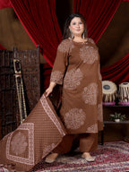 Chocolate Brown Printed Suit Set with Dupatta