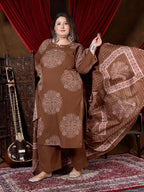 Chocolate Brown Printed Suit Set with Dupatta