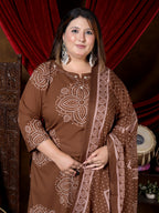 Chocolate Brown Printed Suit Set with Dupatta