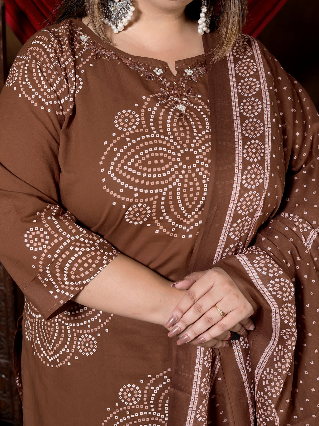 Chocolate Brown Printed Suit Set with Dupatta