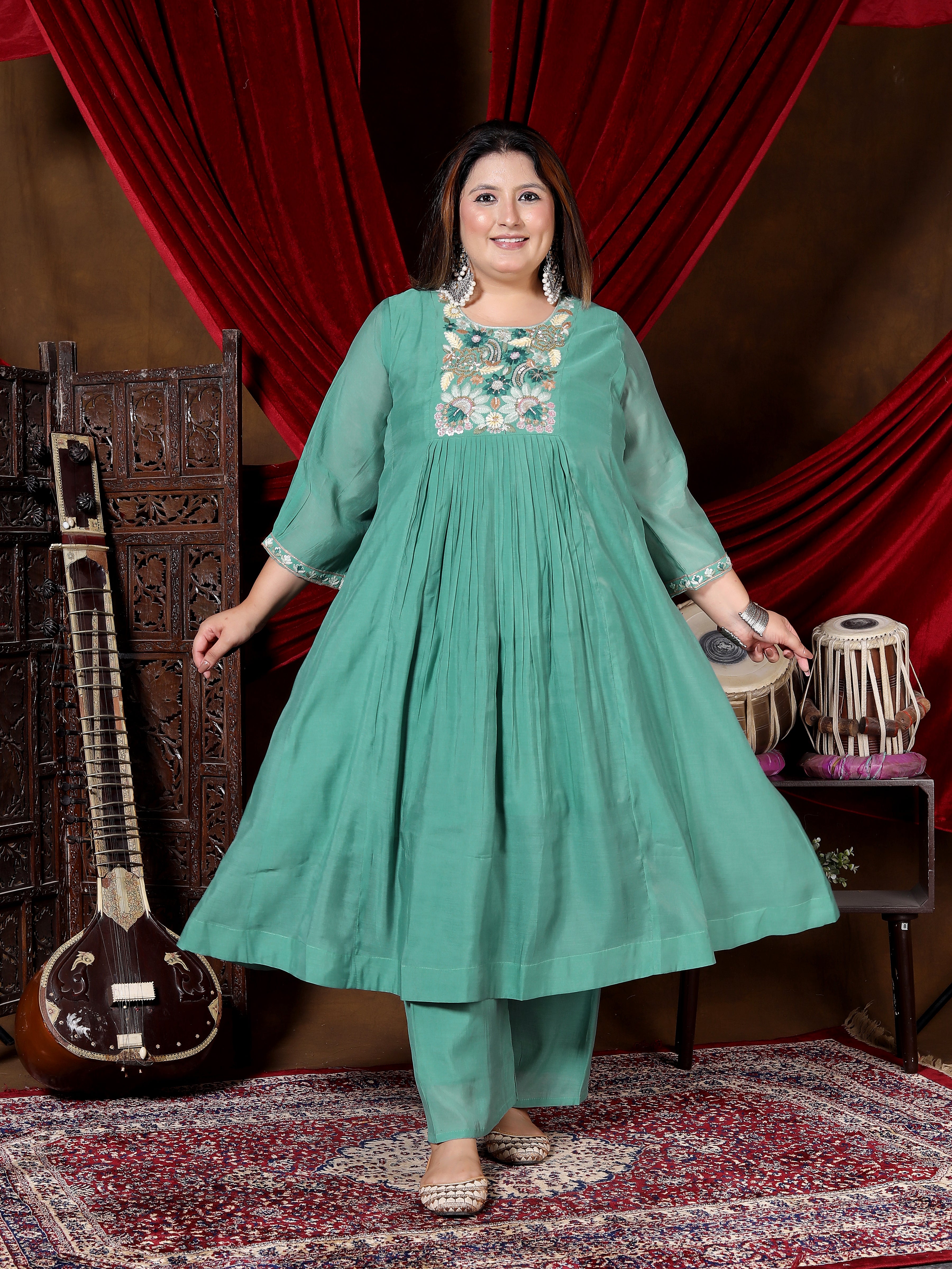 Sea Green Embroidered Anarkali Suit Set with Dupatta