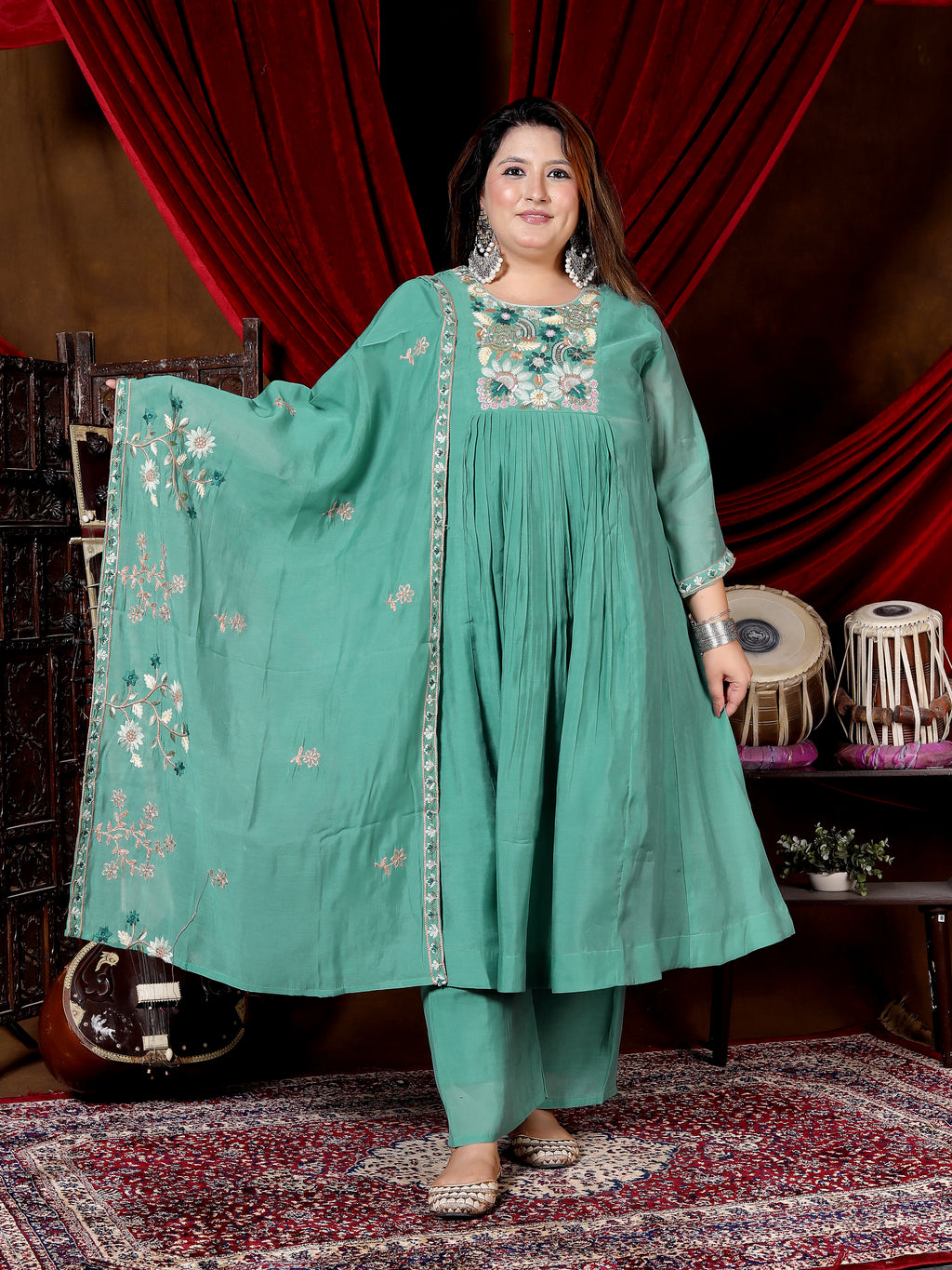 Sea Green Embroidered Anarkali Suit Set with Dupatta