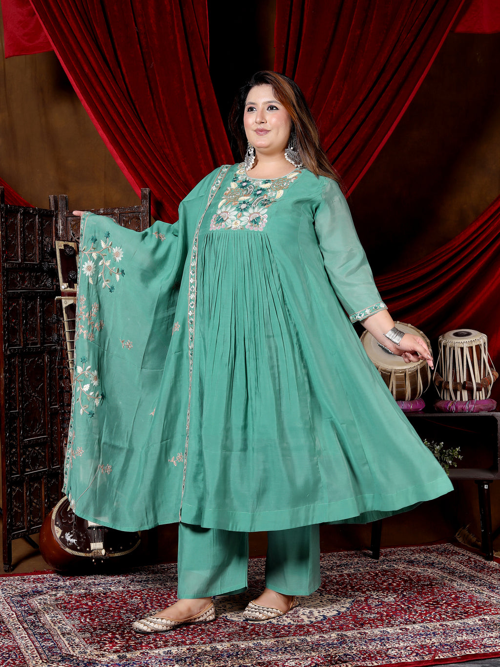 Sea Green Embroidered Anarkali Suit Set with Dupatta