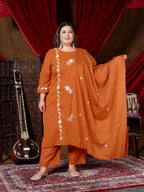 Elegant Rust Orange Embroidered Suit Set with Dupatta
