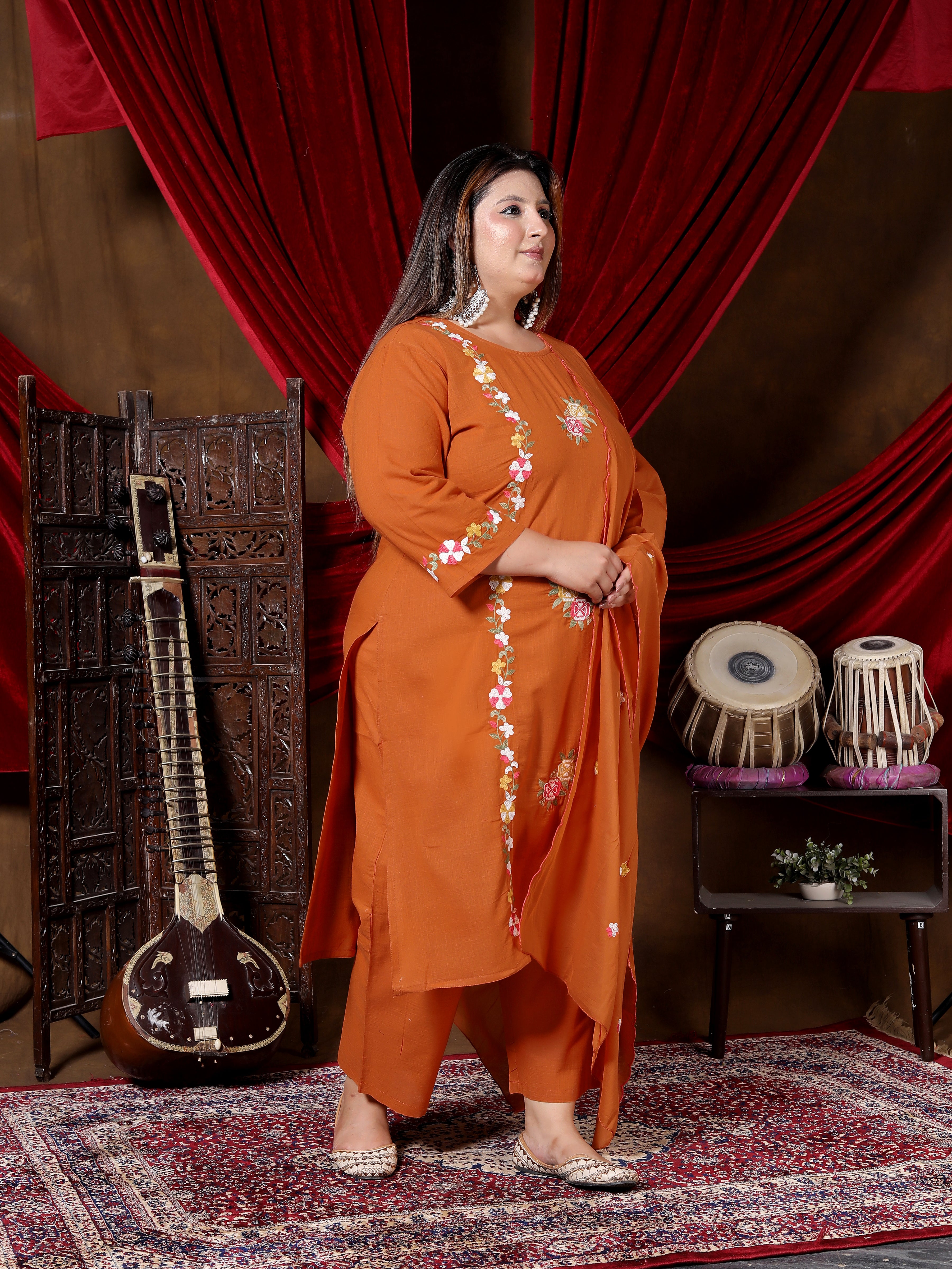 Elegant Rust Orange Embroidered Suit Set with Dupatta
