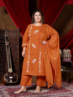Elegant Rust Orange Embroidered Suit Set with Dupatta
